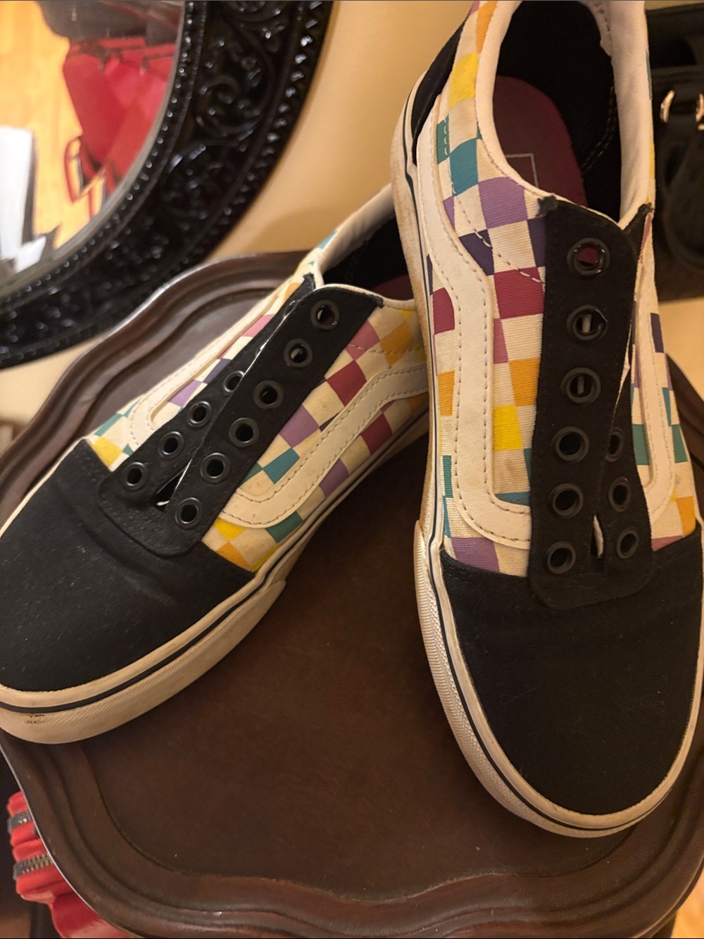Vans Black Slip-On Sneakers with Multicolor Checkerboard
